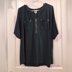 Anne Klein Dark Green Blouse with Zipper Detail